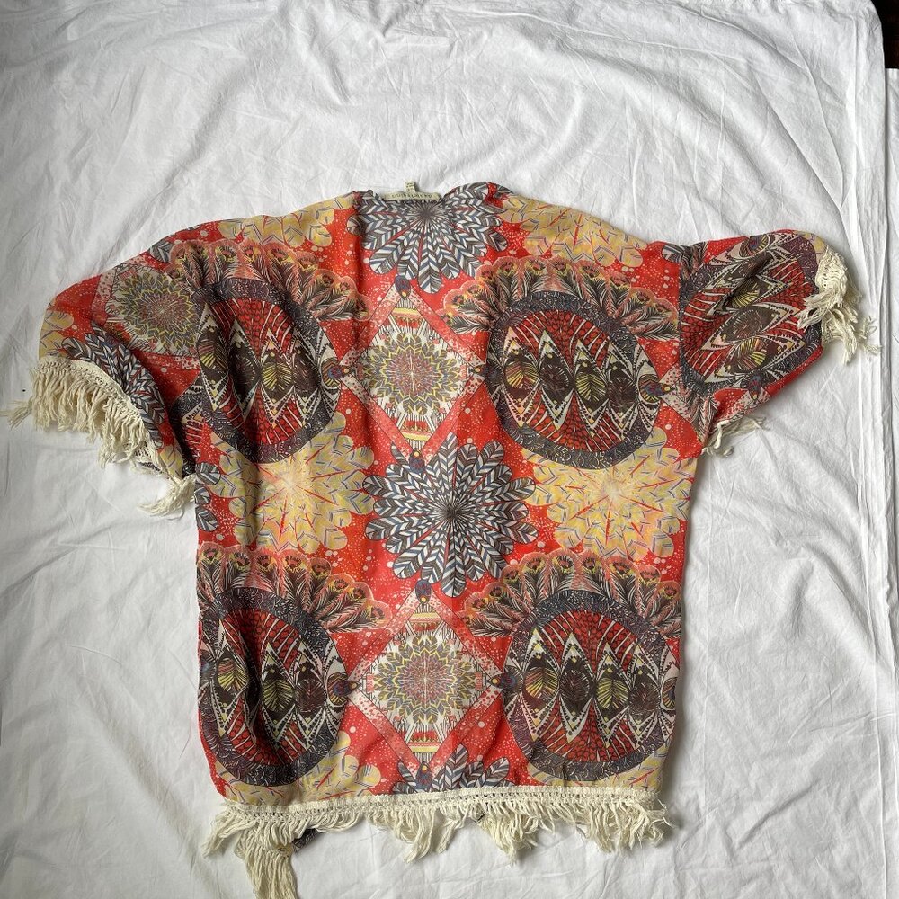 Daniel Rainn kimono swim suit cover-up w/ fringe on sleeve and bottom, size S/P